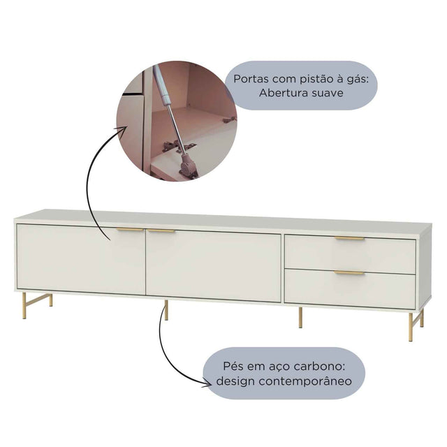 Rack para TVs até 75 Polegadas Yves 220cm Off White Fosco com Dourado