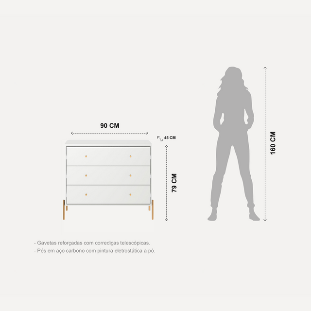 Cômoda com 3 Gavetas Jasper 94cm Off White com Champanhe