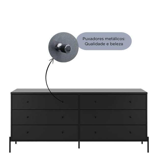 Cômoda 6 Gavetas Jasper 182 cm Off White Fosco com Dourado