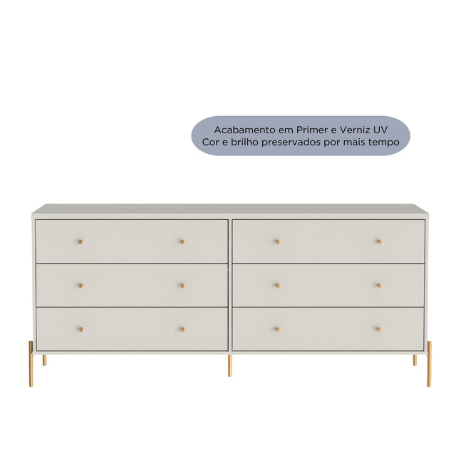 Cômoda 6 Gavetas Jasper 182 cm Off White Fosco com Dourado