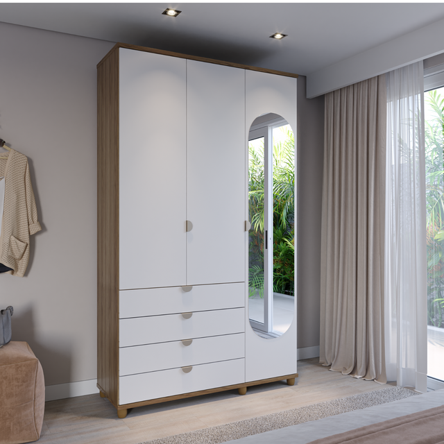Guarda-Roupa Solteiro com Espelho 3 Portas 4 Gavetas 100% MDF Look 136 cm - Freijó c/ Branco Fosco - Champanhe