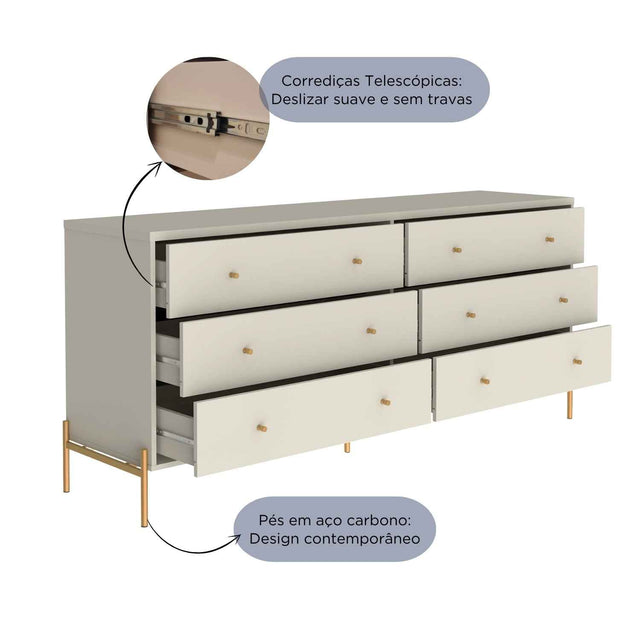Cômoda 6 Gavetas Jasper 182 cm Branco Gloss com Dourado