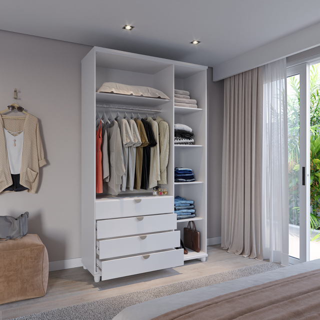 Guarda-Roupa Solteiro com Espelho 3 Portas 4 Gavetas 100% MDF Look 136 cm - Freijó c/ Branco Fosco - Champanhe