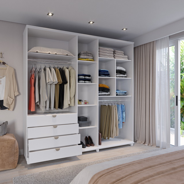 Guarda-Roupa Casal com Espelho 5 Portas 4 Gavetas 100% MDF Look 226cm Freijó c/ Branco Fosco