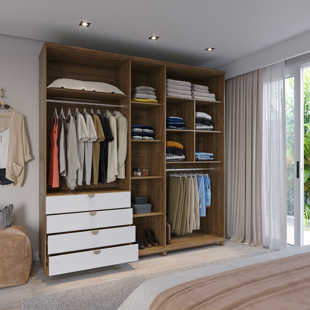 Guarda-Roupa Casal com Espelho 5 Portas 4 Gavetas 100% MDF Look 226cm Freijó c/ Branco Fosco