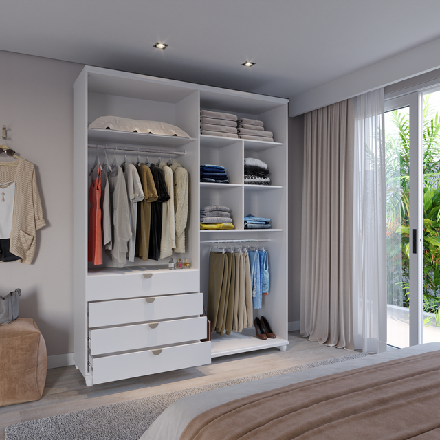 Guarda-Roupa 4 Portas 4 Gavetas com Espelho 100% MDF Look 181cm Freijó com Branco Fosco