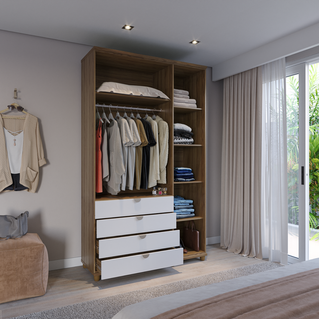 Guarda-Roupa Solteiro com Espelho 3 Portas 4 Gavetas 100% MDF Look 136 cm - Freijó c/ Branco Fosco - Champanhe