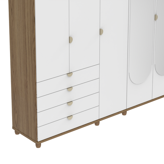 Guarda-Roupa Casal com Espelho 5 Portas 4 Gavetas 100% MDF Look 226cm Freijó c/ Branco Fosco
