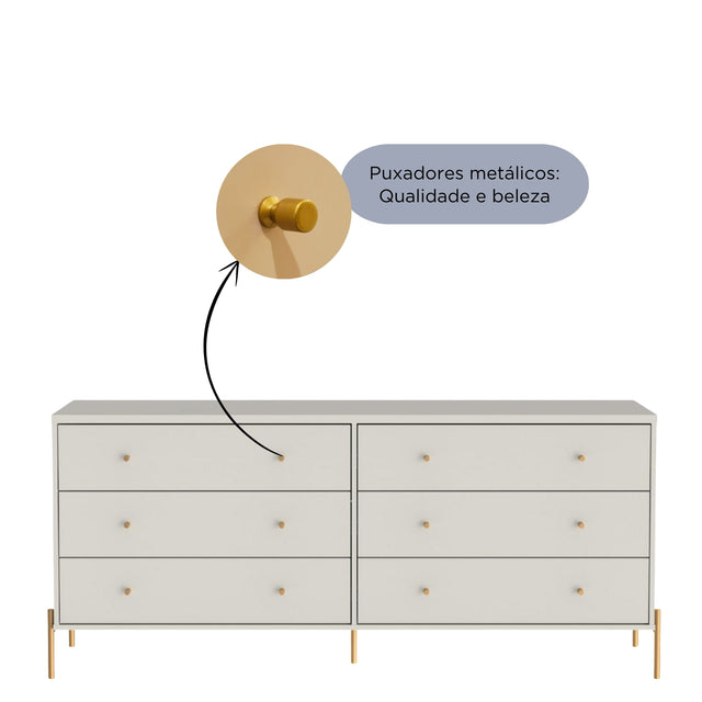 Cômoda 6 Gavetas Jasper 182 cm Off White Fosco com Dourado