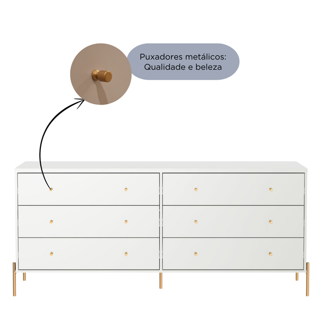 Cômoda 6 Gavetas Jasper 182 cm Off White Fosco com Dourado