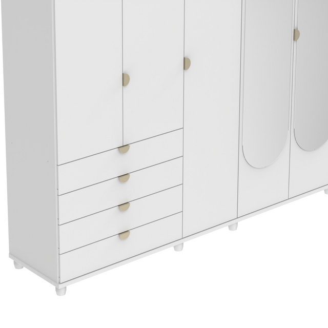Guarda-Roupa Casal com Espelho 5 Portas 4 Gavetas 100% MDF Look 226cm Freijó c/ Branco Fosco