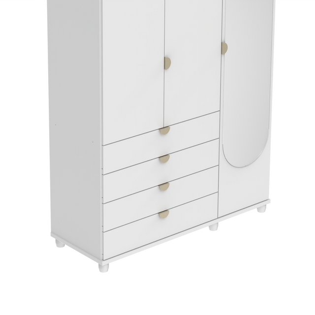 Guarda-Roupa Solteiro com Espelho 3 Portas 4 Gavetas 100% MDF Look 136 cm - Freijó c/ Branco Fosco - Champanhe