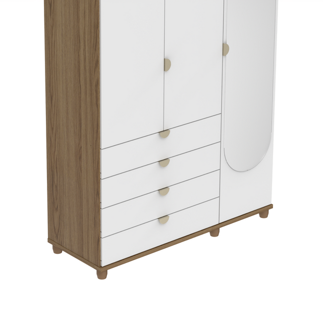 Guarda-Roupa Solteiro com Espelho 3 Portas 4 Gavetas 100% MDF Look 136 cm - Freijó c/ Branco Fosco - Champanhe