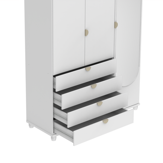 Guarda-Roupa Solteiro com Espelho 3 Portas 4 Gavetas 100% MDF Look 136 cm - Freijó c/ Branco Fosco - Champanhe