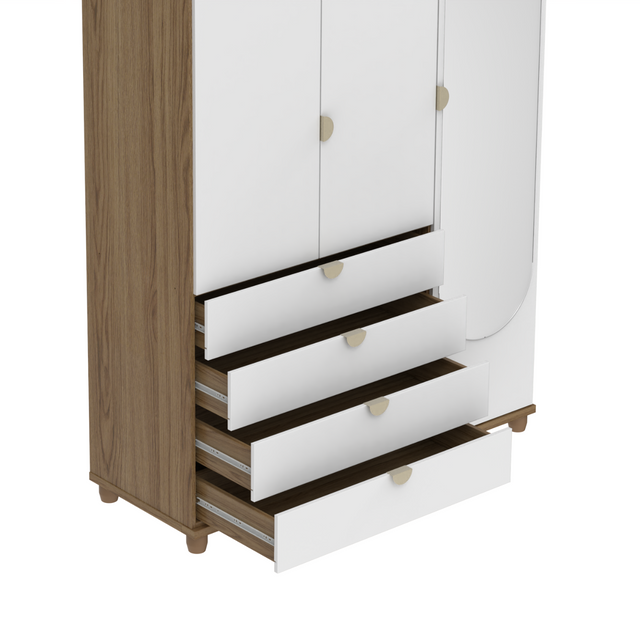 Guarda-Roupa Solteiro com Espelho 3 Portas 4 Gavetas 100% MDF Look 136 cm - Freijó c/ Branco Fosco - Champanhe