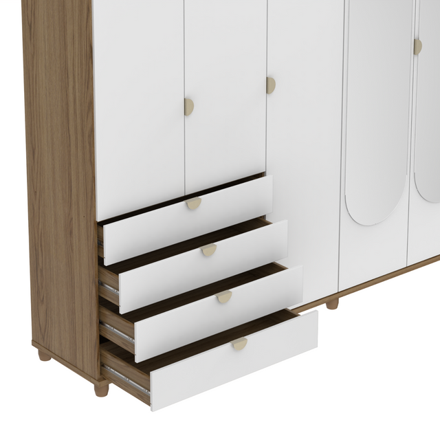 Guarda-Roupa Casal com Espelho 5 Portas 4 Gavetas 100% MDF Look 226cm Freijó c/ Branco Fosco