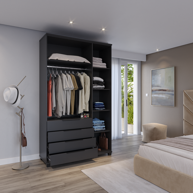 Guarda-Roupa Solteiro 3 Portas 4 Gavetas 100% MDF Allen 136 cm Preto Fosco