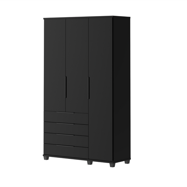 Guarda-Roupa Solteiro 3 Portas 4 Gavetas 100% MDF Allen 136 cm - Preto Fosco