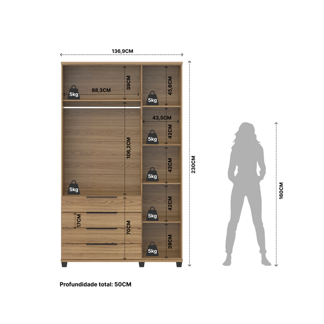 Guarda-Roupa Solteiro 3 Portas 4 Gavetas 100% MDF Allen 136 cm Preto Fosco