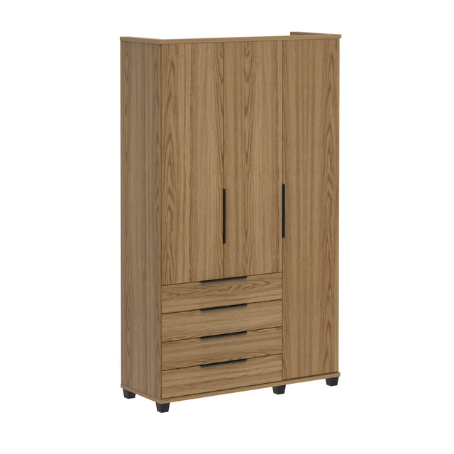 Guarda-Roupa Solteiro 3 Portas 4 Gavetas 100% MDF Allen 136 cm - Freijó c/ Preto Fosco