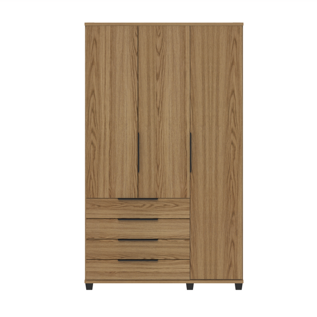 Guarda-Roupa Solteiro 3 Portas 4 Gavetas 100% MDF Allen 136 cm - Freijó c/ Preto Fosco