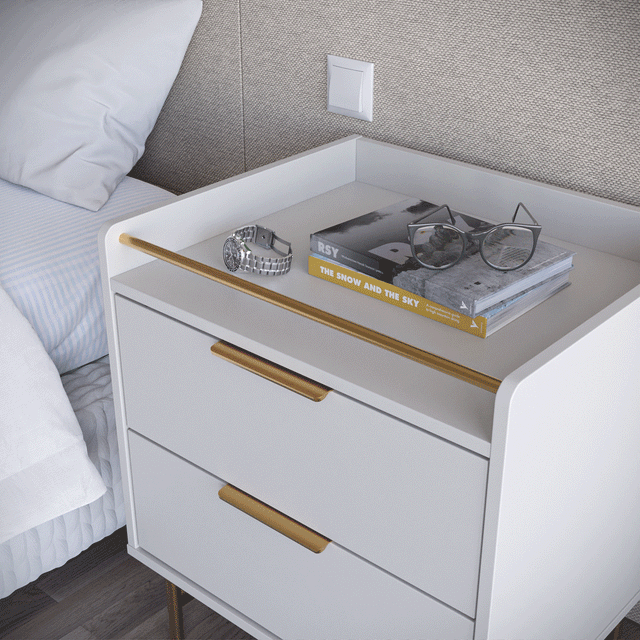 Mesa de Cabeceira c/ 2 Gavetas Yves Off White com Dourado