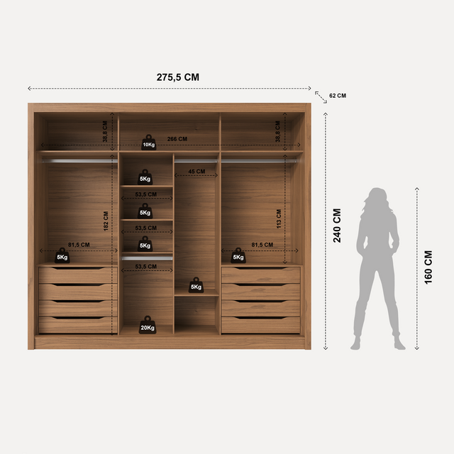 Guarda-Roupa 100% MDF Montclair 3 portas de correr com gavetas Ele/Ela - 275 cm
