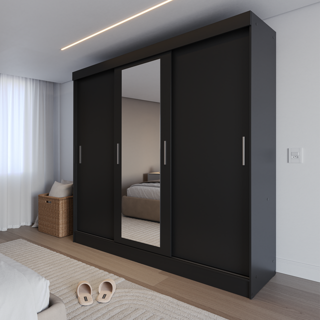 Guarda Roupa Casal 3 Portas de Correr c/ Espelho Vittorio 172cm Preto