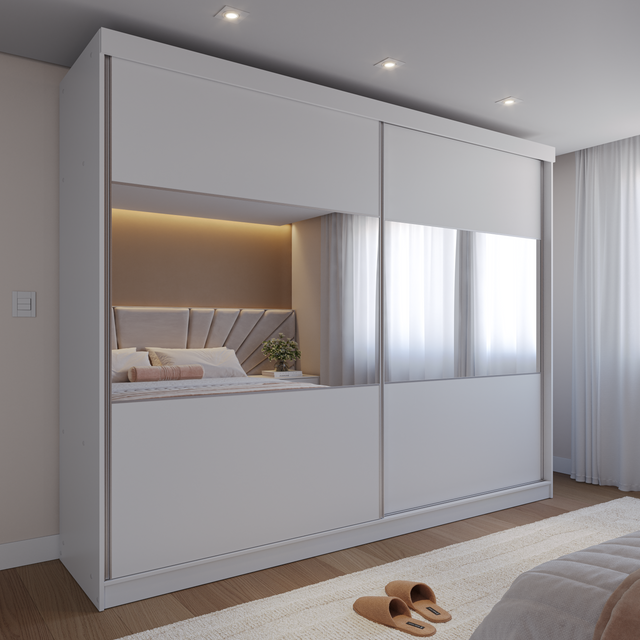 Guarda Roupa Casal 2 Portas de Correr c/ Espelho Gavino 238cm Branco
