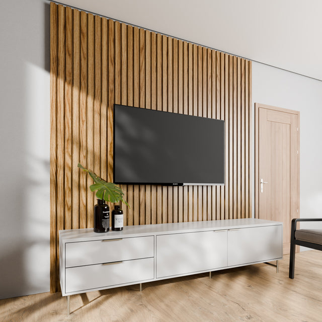 Painel Devin para TVs 75 Polegadas com Rack Yves 2.2 Branco com Champanhe