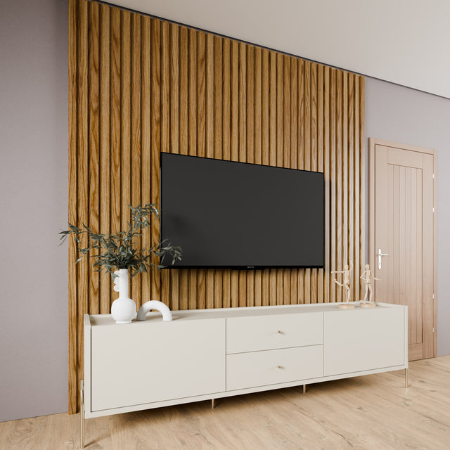 Painel Ripado Devin para TVs 75 Polegadas com Rack Jasper 2.2 Off White com Champanhe