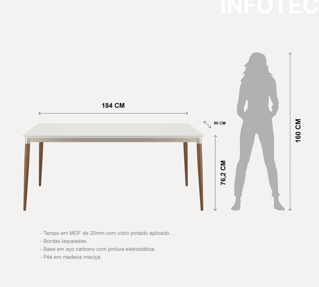 Mesa Abbey 184 cm - Natural c/ Off White Fosco - Champanhe