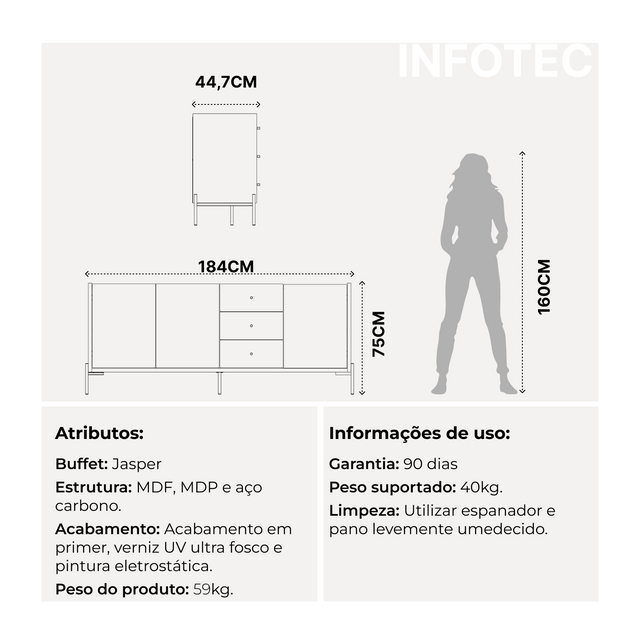 Buffet Jasper 185 cm - Canella c/ Champanhe