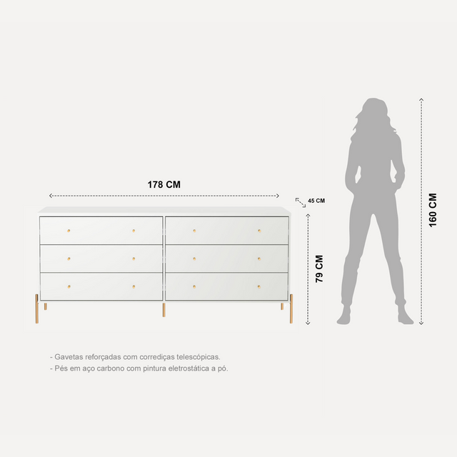 Cômoda 6 Gavetas Jasper 182 cm Branco Gloss com Dourado