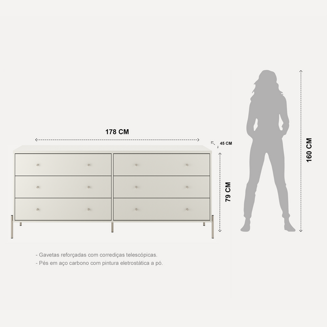 Cômoda 6 Gavetas Jasper 182 cm Branco Gloss com Dourado