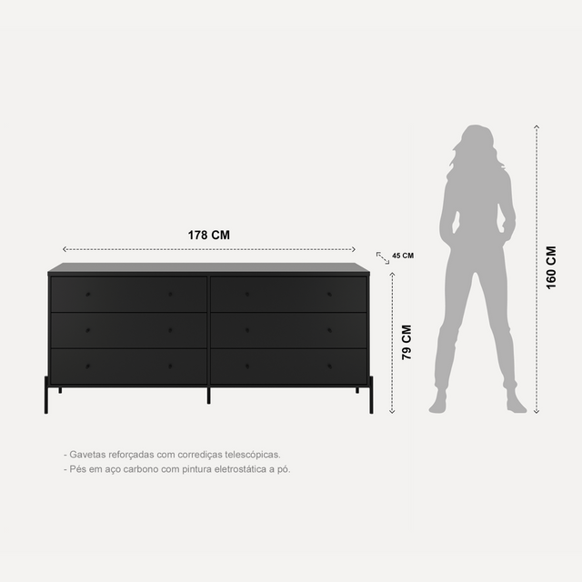 Cômoda 6 Gavetas Jasper 182 cm Branco Gloss com Dourado