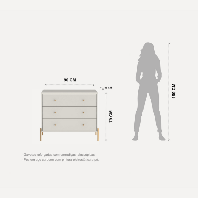 Cômoda com 3 Gavetas Jasper 94cm Off White com Champanhe