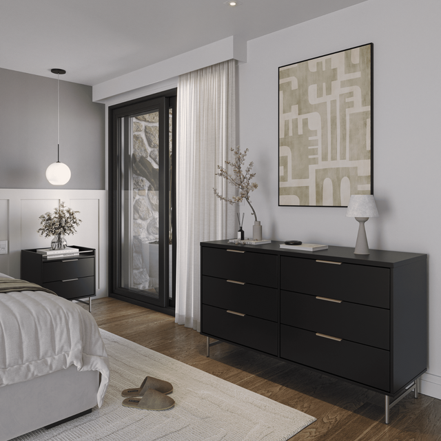 Cômoda 6 Gavetas 135cm e Mesa de Cabeceira Yves Preto com Champanhe