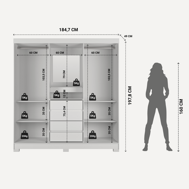 Guarda-Roupa Casal 2 Portas de Correr c/ Espelho Italo Carvalho com Grafite