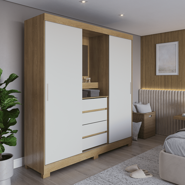 Guarda-Roupa 2 Portas de Correr c/ Espelho Italo 184cm Carvalho Off White