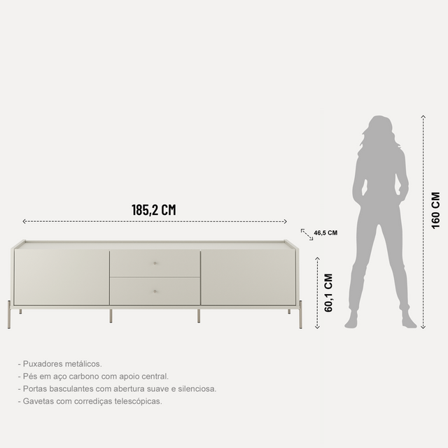 Rack para TVs até 75 Polegadas Jasper 185 cm Off White Fosco com Dourado