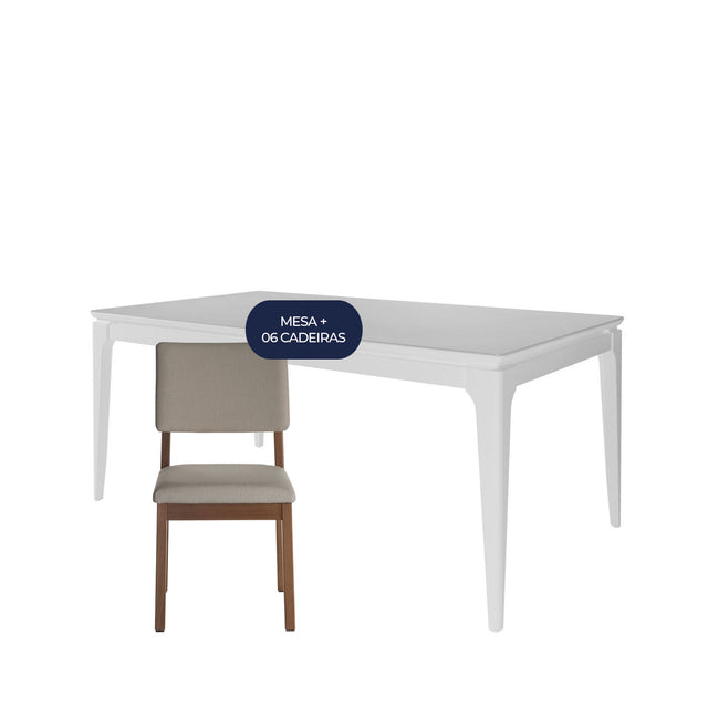 Conjunto Mesa de Jantar Float 180 cm Branco Fosco c/ 6 Cadeiras Ella Linho Mescla Cinza - Natural