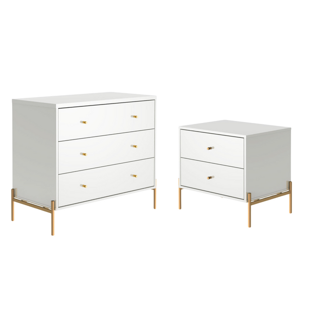 Cômoda 3 Gavetas e Mesa de Cabeceira Jasper Branco com Dourado