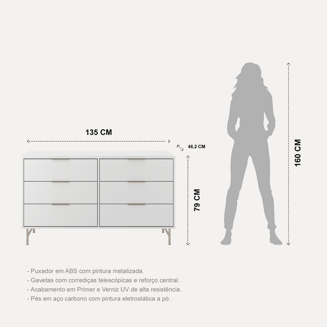 Cômoda 6 Gavetas Yves 135cm Off White com Dourado