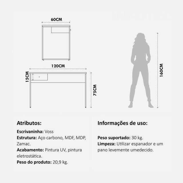 Escrivaninha 120cm e Estante com 3 Gavetas 75cm Voss - Freijó com Champanhe
