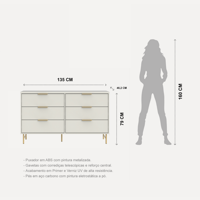 Cômoda 6 Gavetas Yves 135cm Off White com Dourado
