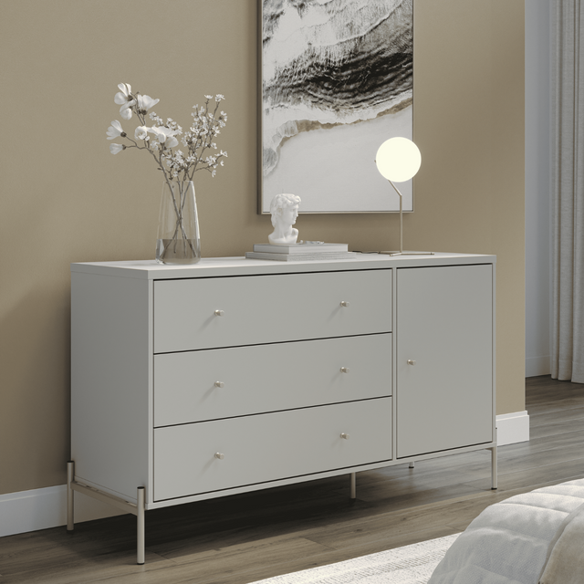 Cômoda com 3 Gavetas e 1 Porta Jasper 138 cm Canella e Off White com Champanhe