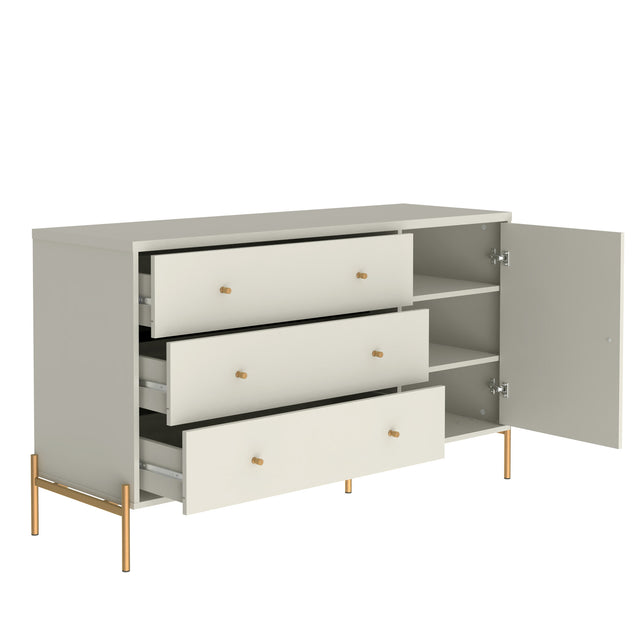 Cômoda com 3 Gavetas e 1 Porta Jasper 138 cm Canella e Off White com Champanhe