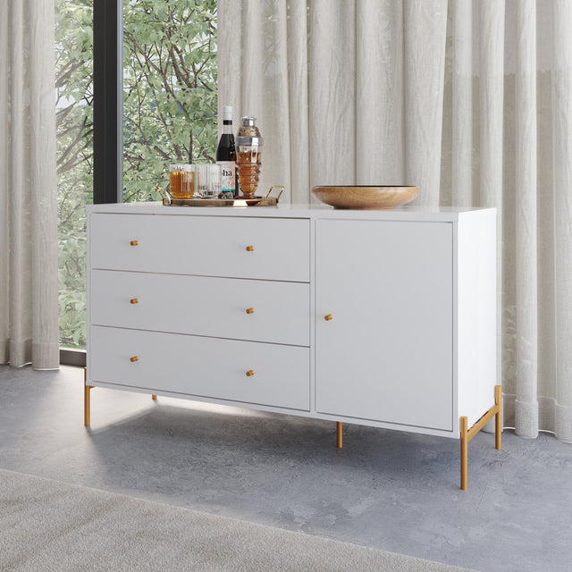Cômoda com 3 Gavetas e 1 Porta Jasper 138 cm Canella e Off White com Champanhe