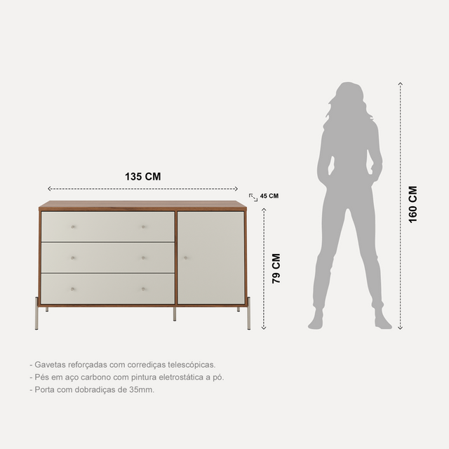 Cômoda com 3 Gavetas e 1 Porta Jasper 138 cm Canella e Off White com Champanhe